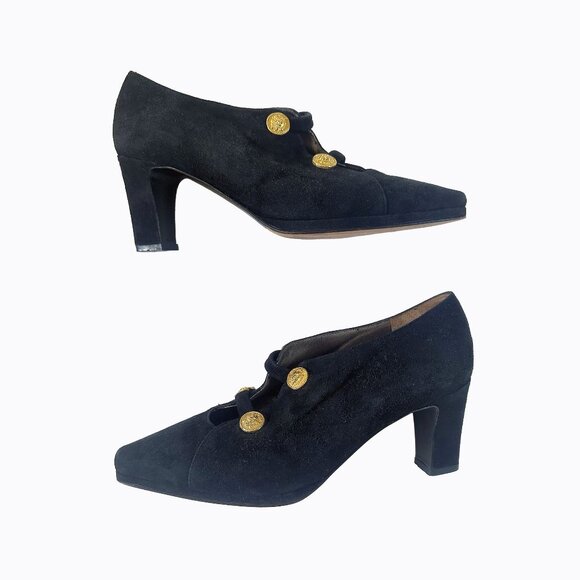 Vintage Prevata Vero Cuoio Sz5.5B Heels Black Suede 90s Steampunk Victorian Goth - Picture 1 of 9